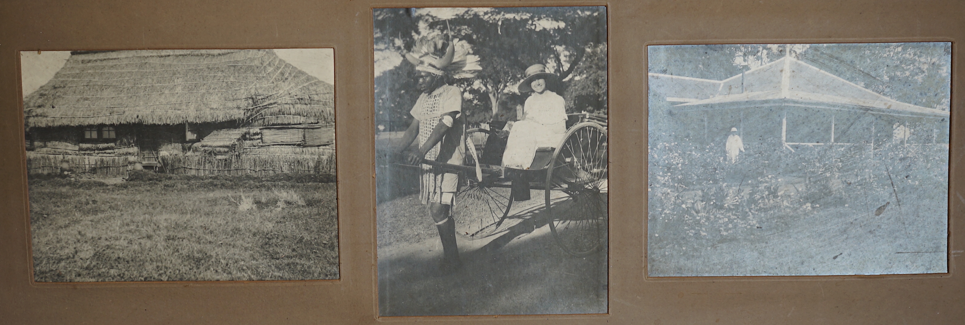 Three oak framed groups of black and white photographs of colonials in Africa, including Big game hunting and Zulu warriors, nine photographs in total, all approximately 21.5 x 16cm